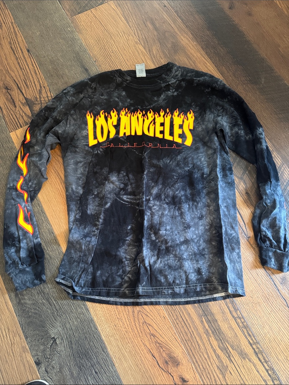 Gildan Black Tie-Dye Long Sleeve with Yellow & Orange Flame Graphic